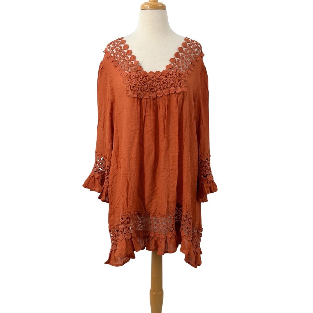 Indigo Soul Womens Shift Dress Rust Orange Boho Crochet Lace Bell Sleeve Size XL